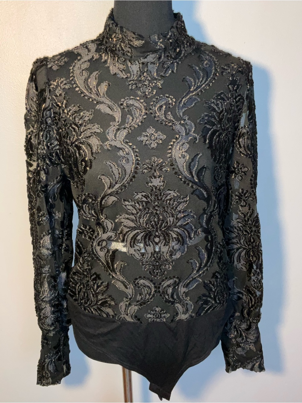 Fashion Nova Black Sheer Embroidered Mock Neck Bodysuit